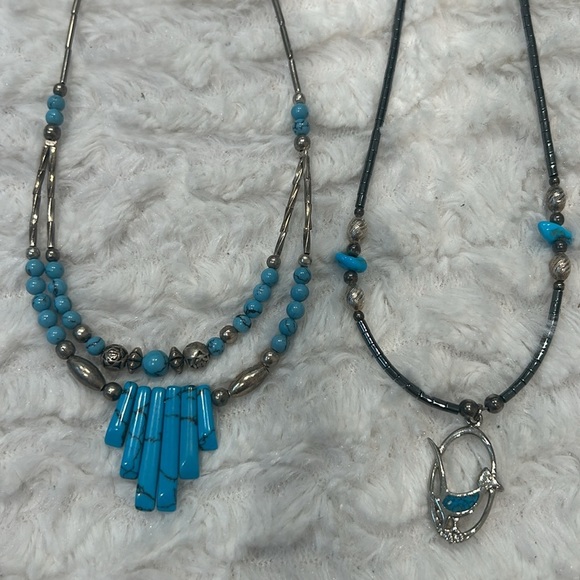 Vintage bundle 2 Blue Beaded faux turquoise silver Necklace Set Native American - Picture 2 of 5